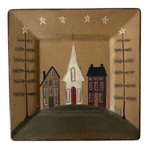 Primitive Hand-Painted Decorative Plate by Donna White – 10" Square – Church & H